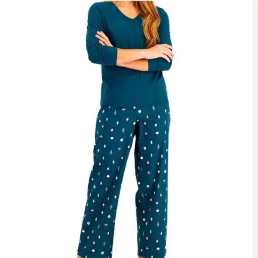Nwt Charter Club 2pc Pajama Set Flannel green Print Long Sleeves loungewear XS